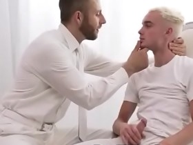 Blonde Twink in all white jacked off