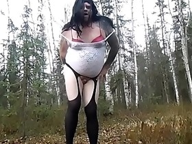 Compilation of a Chubby Crossdresser Exhibitionist Fucking Himself in the Woods