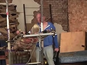 Old man whips and jerks off restrained submissive guy